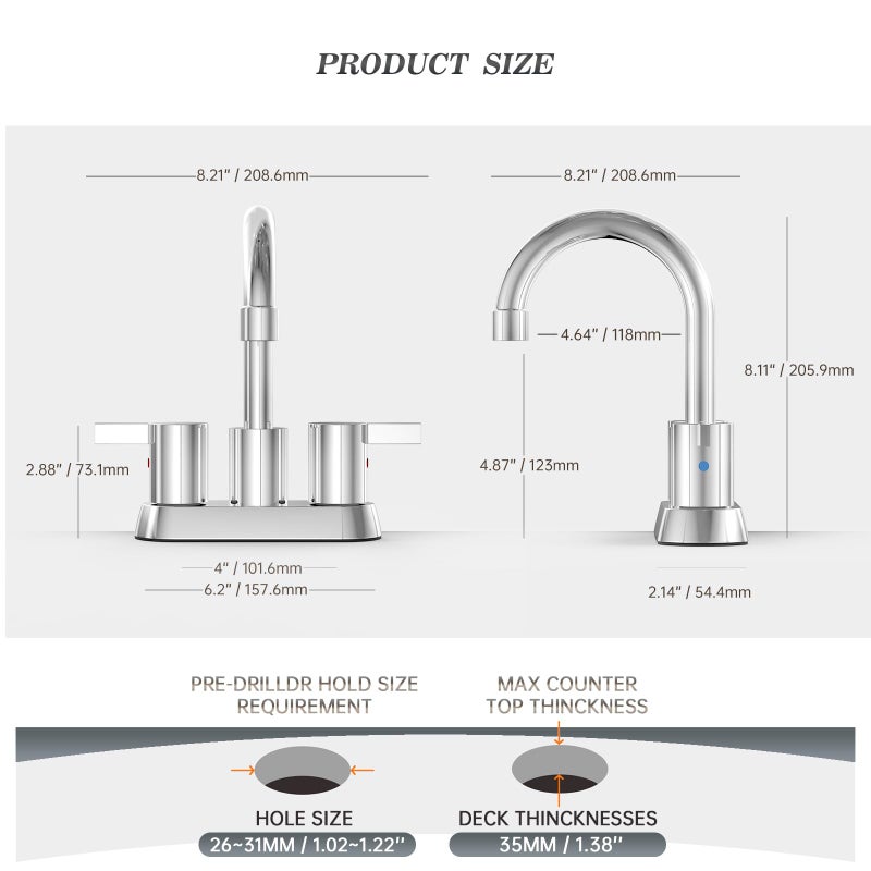 Phiestina 4 Inch Centerset 2 or 3 Holes 2 Handle Chrome Lead-Free Bathroom Faucet, Swivel Spout with Copper Pop Up Drain and 2 Water Supply Lines, BF015-1-C - Image 3